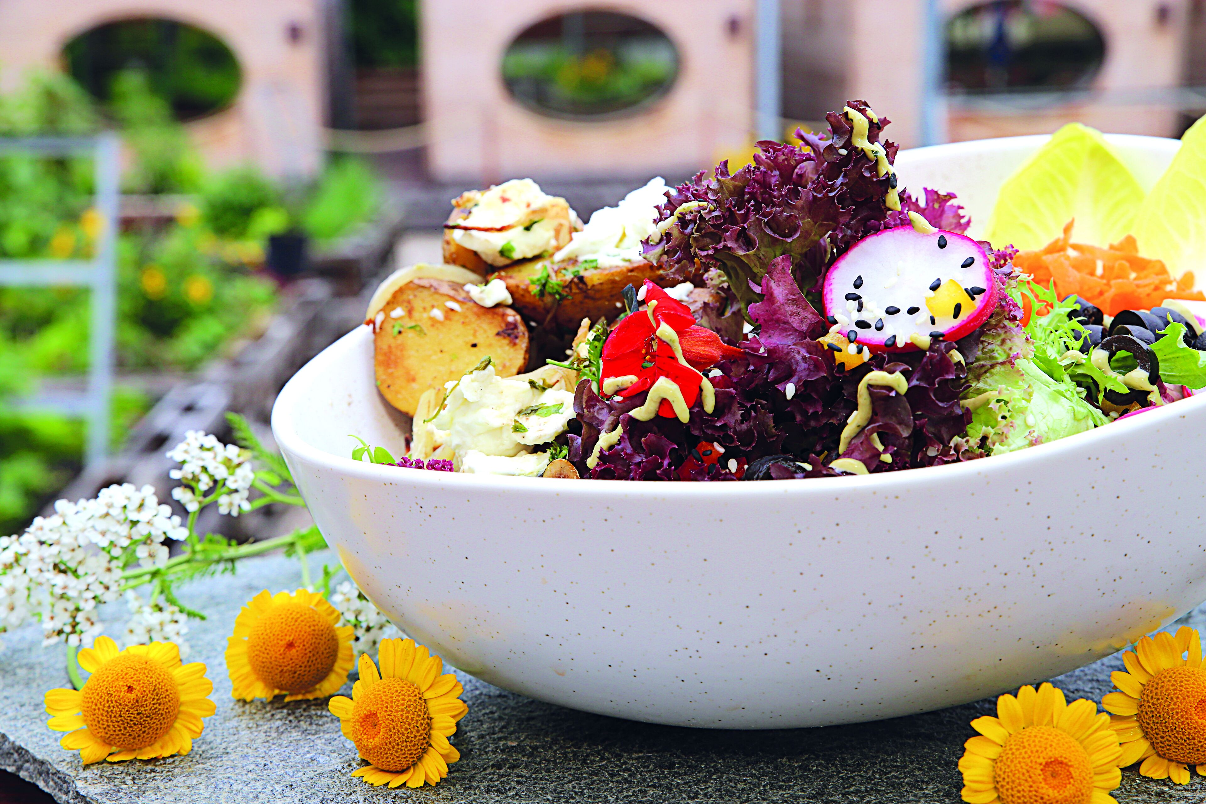 A bowl of salad with various vegetables and a decorative flower arrangement.