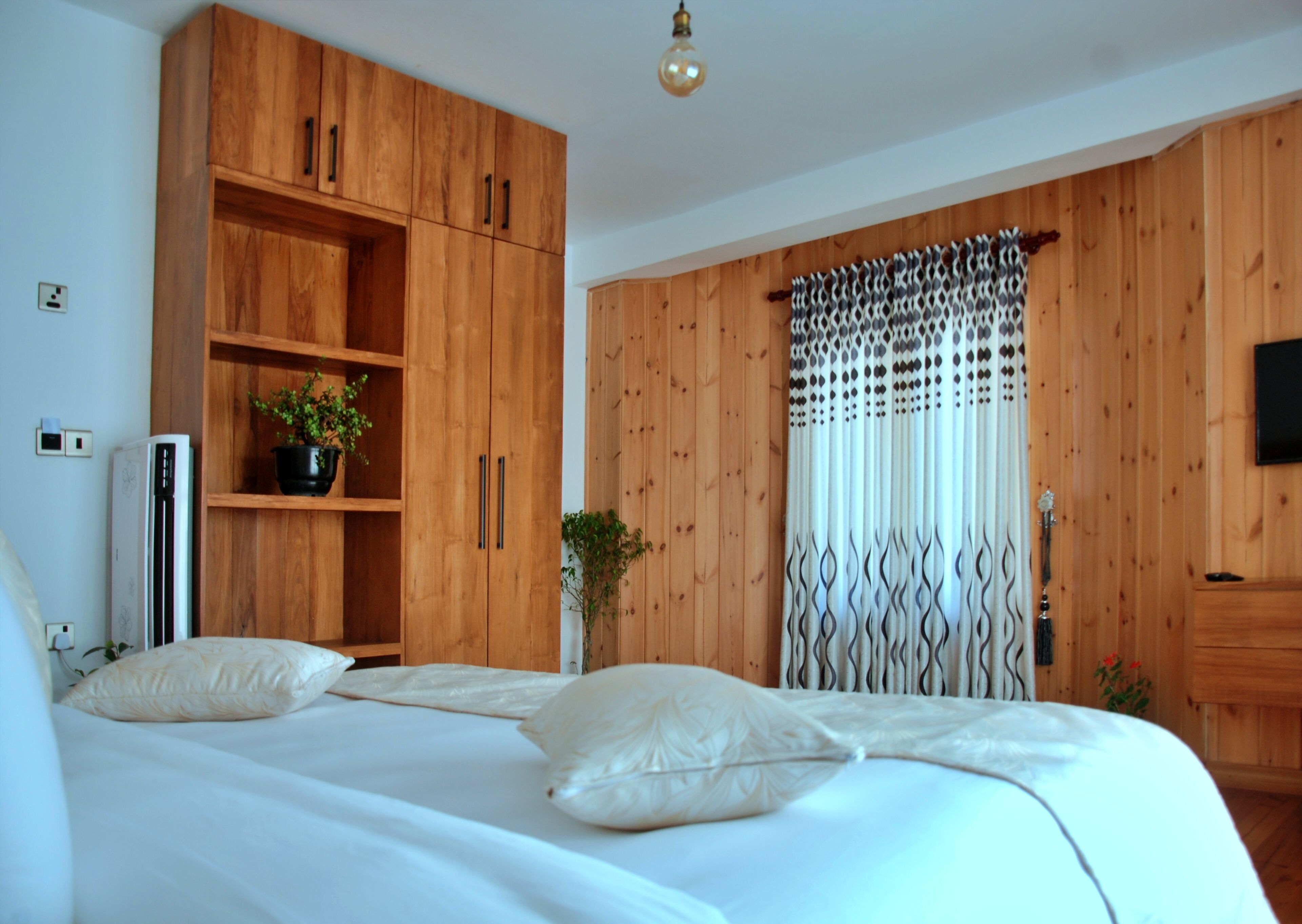 Un dormitorio con cama, armario de madera, plantas en macetas y televisión en la pared.