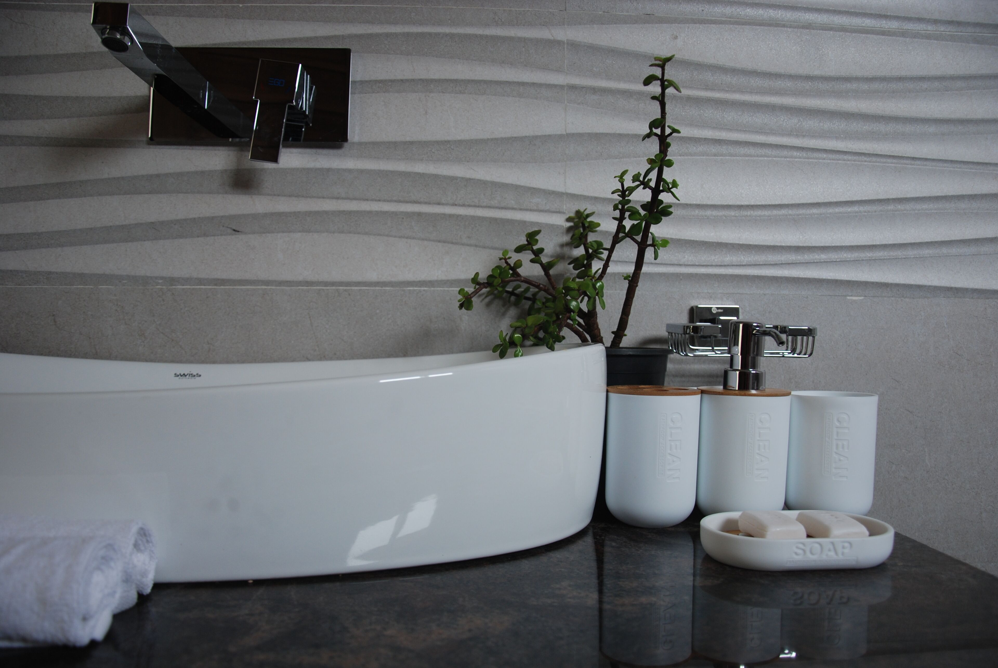 A modern bathroom with a large white sink, a small plant, and a soap dish.