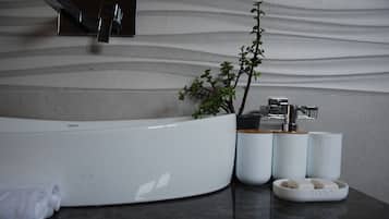 A modern bathroom with a large white sink, a small plant, and a soap dish.