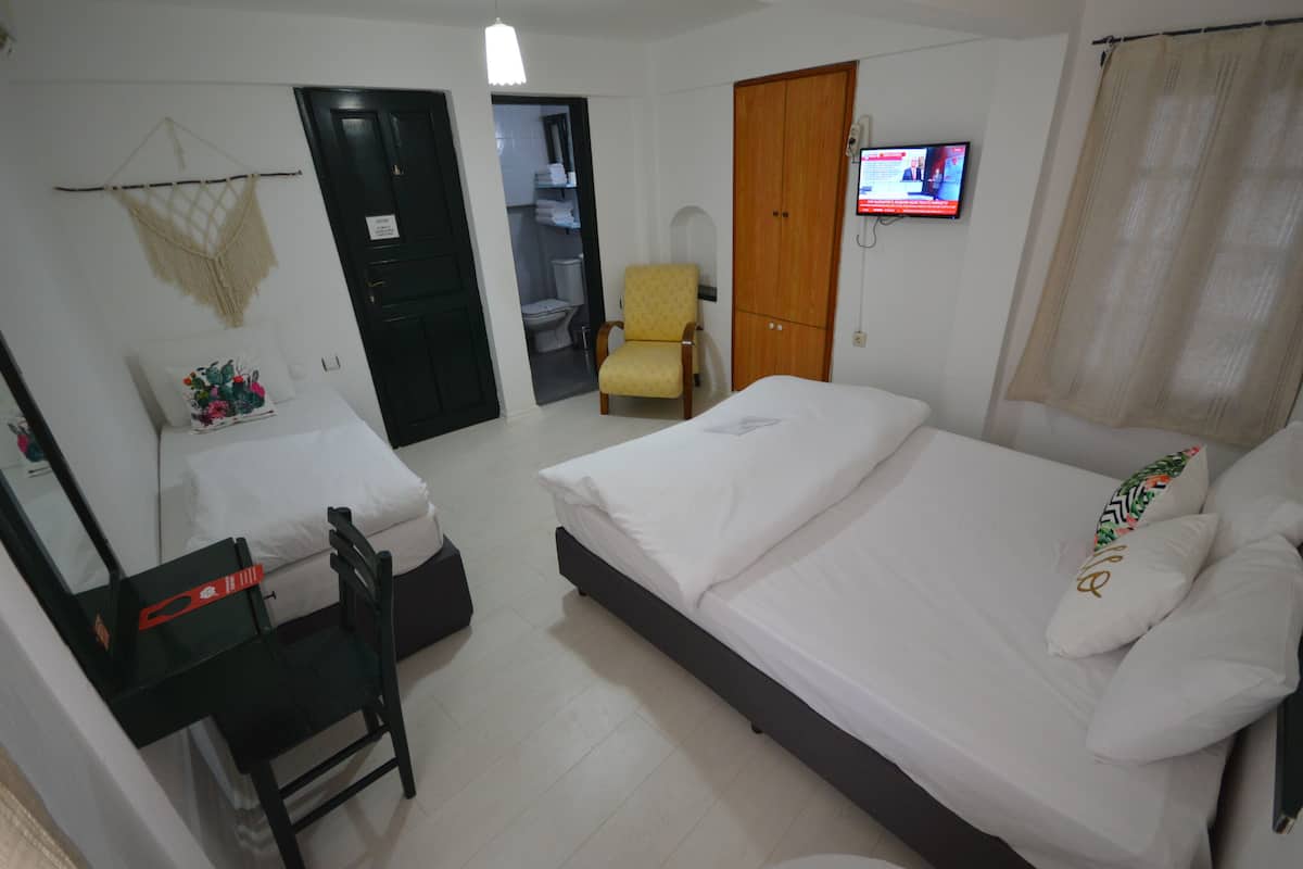 A bedroom with a bed, a chair, a desk, a television, and a wardrobe.