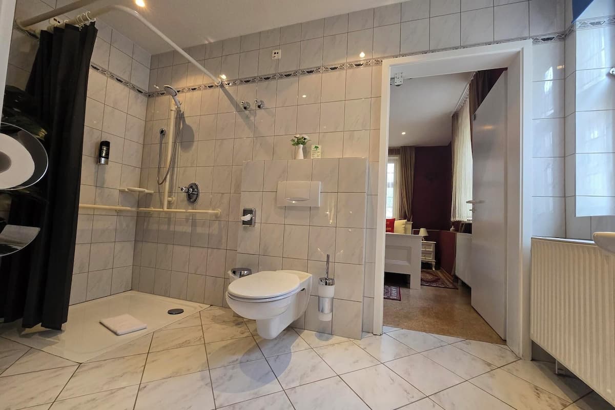 shower, free toiletries, hair dryer, towels