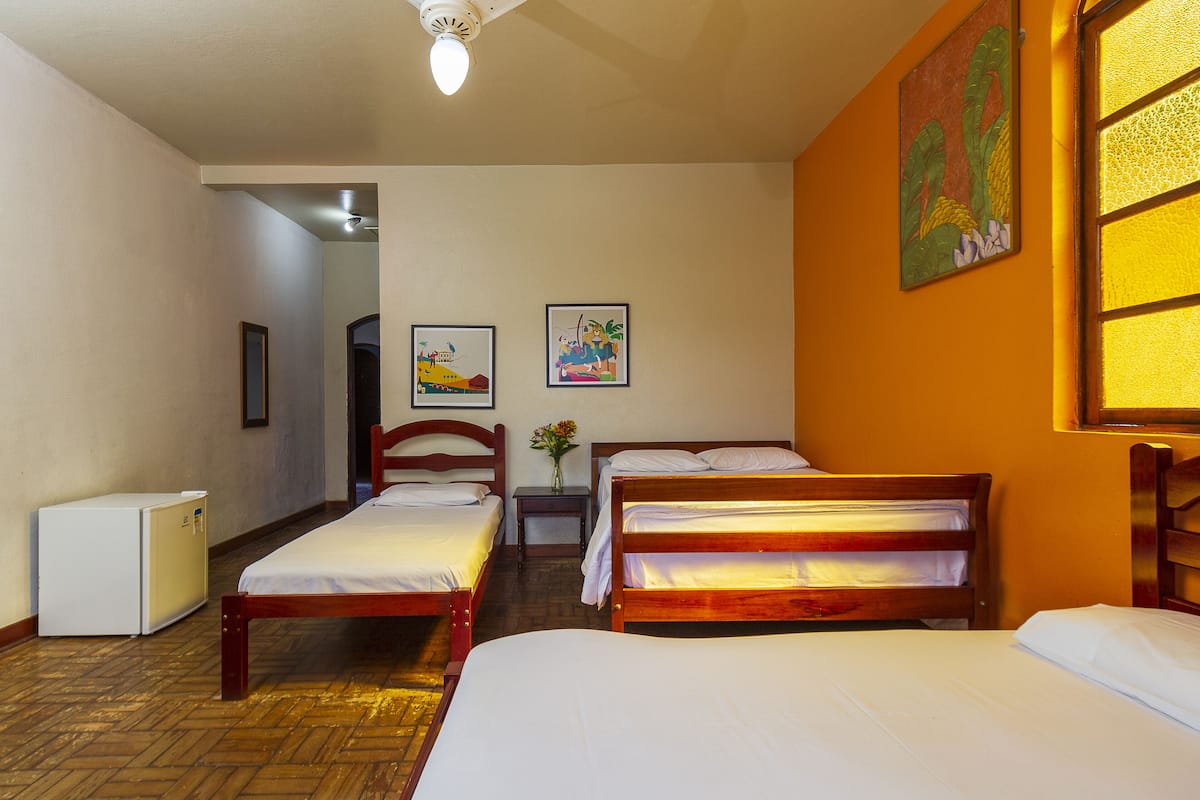 Une chambre d’hôtel avec deux lits simples, un petit réfrigérateur, une table de chevet avec un vase et un tableau au mur.