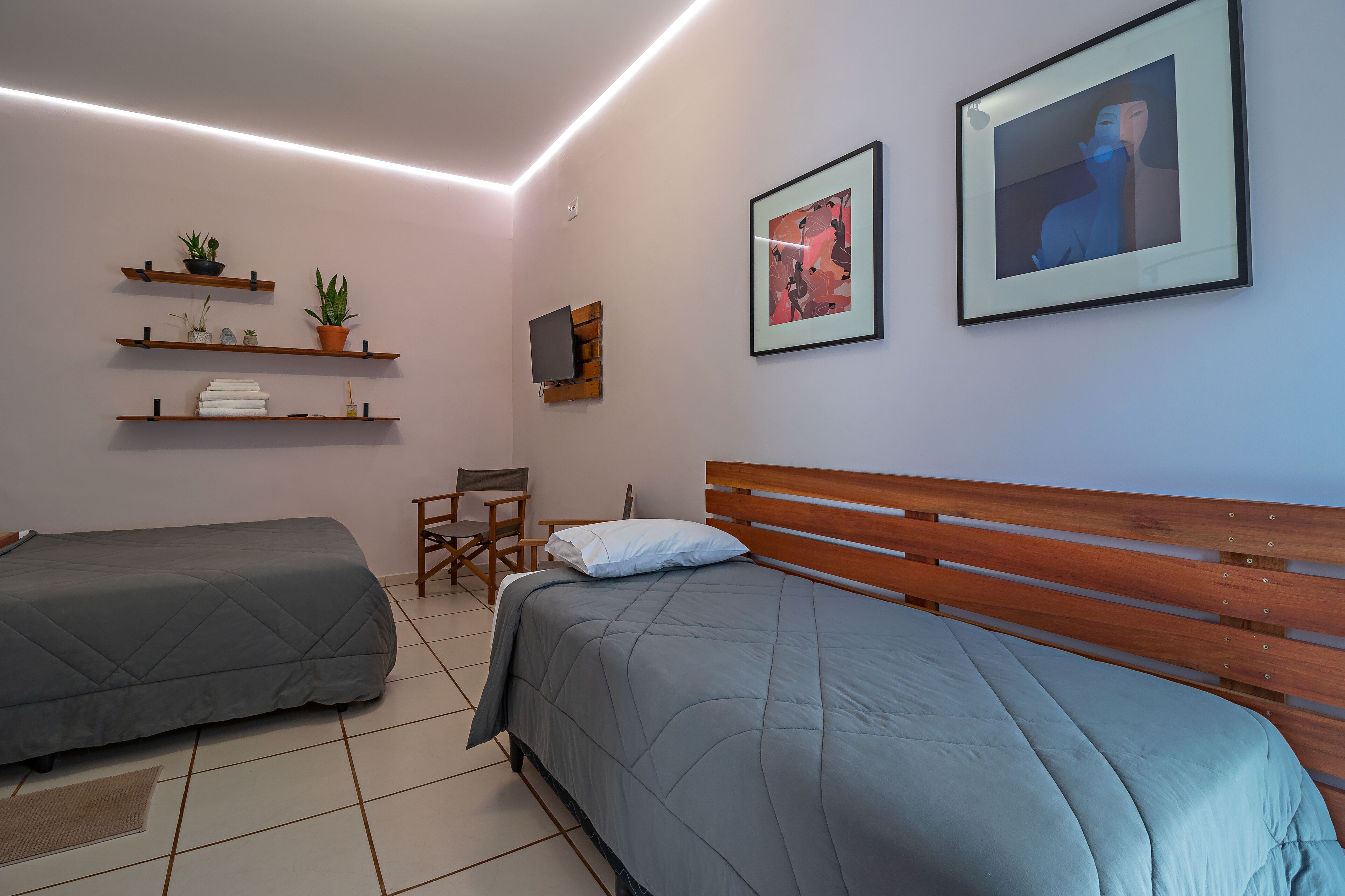 A bedroom with two single beds, a wooden headboard, a TV on the wall, and shelves with plants and books.
