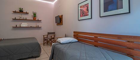 A bedroom with two single beds, a wooden headboard, a TV on the wall, and shelves with plants and books.