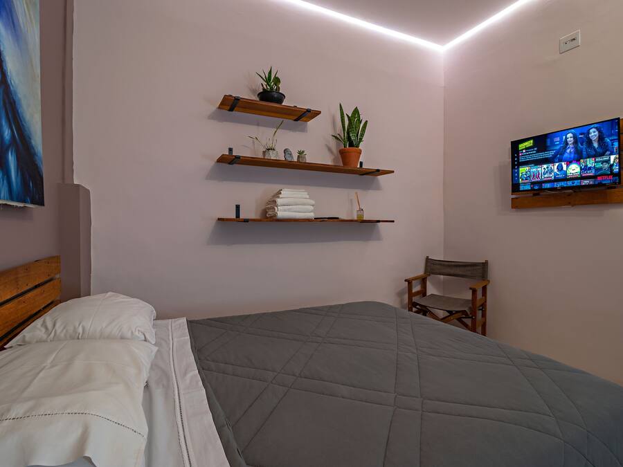 Een slaapkamer met een bed, een aan de muur bevestigde televisie en planken met planten en handdoeken.