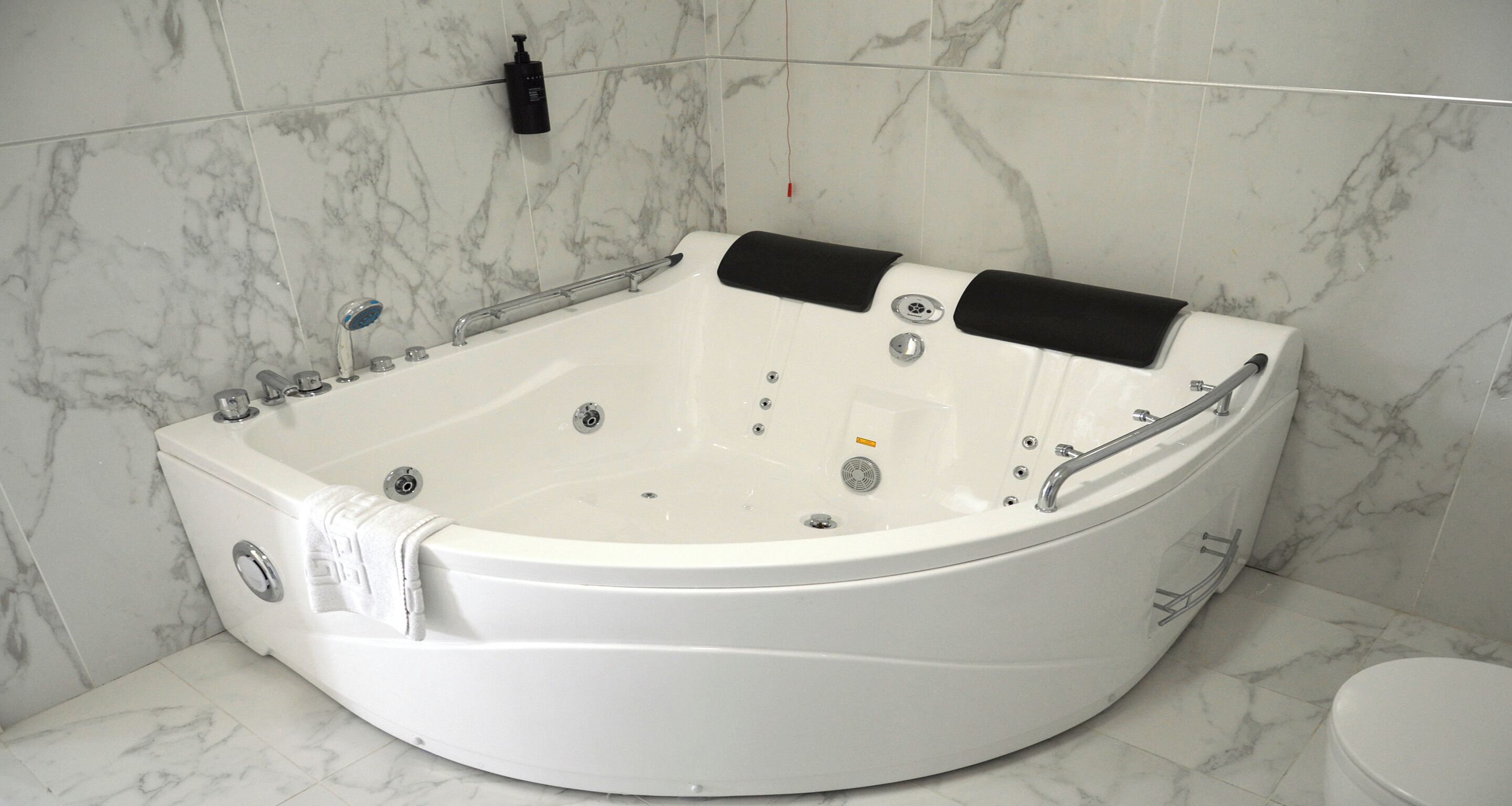 A modern bathroom with a large, curved jacuzzi tub, marble tiles, and a toilet.