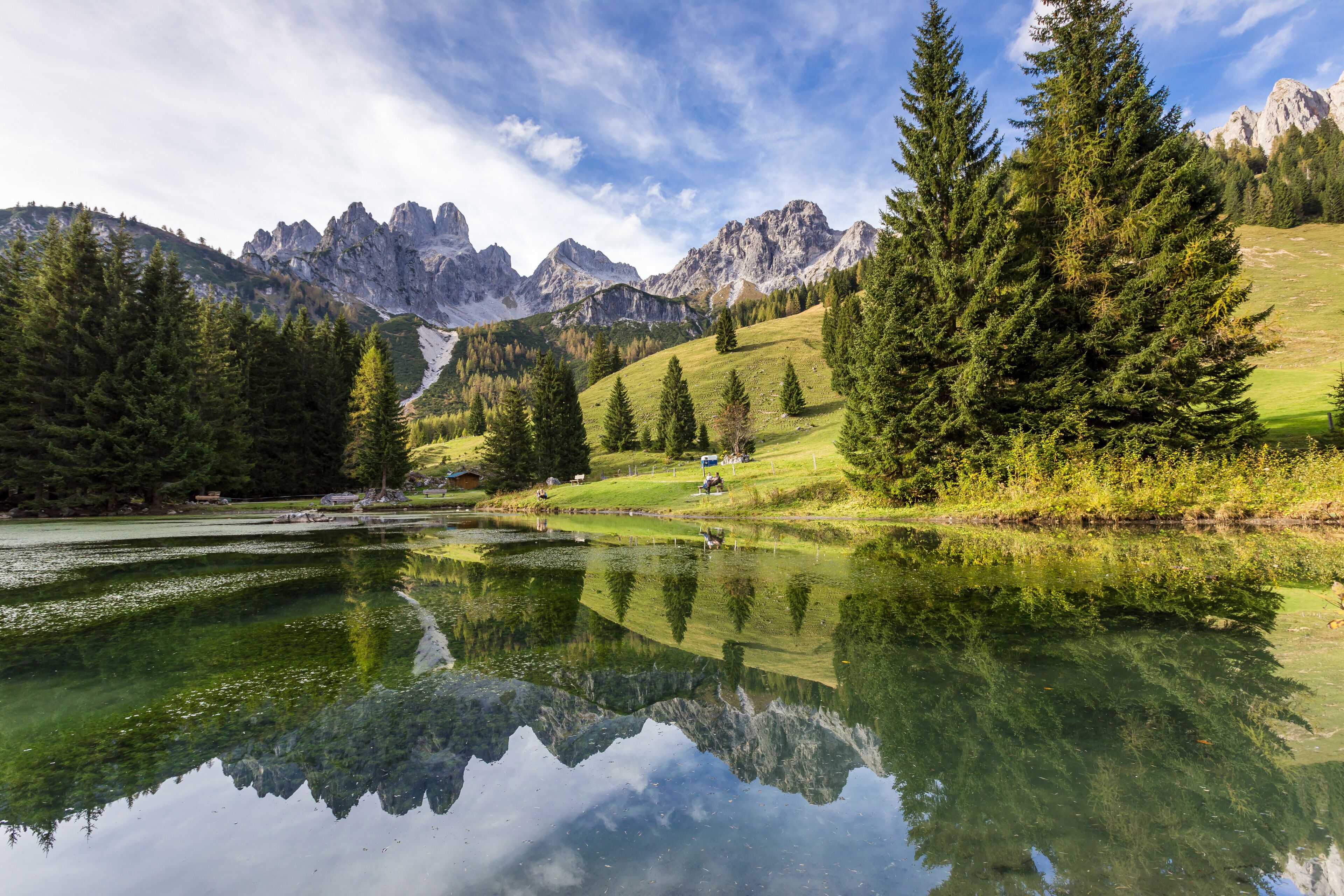 A serene lake with reflections of trees and mountains, surrounded by lush greenery and a clear sky.