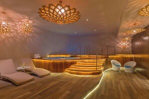 Outdoor treatment areas, sauna, steam room, body treatments, body wraps