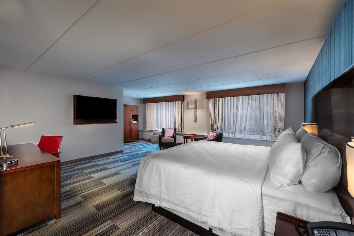 Une chambre d’hôtel avec un grand lit, un bureau, une chaise, un téléviseur fixé au mur et une fenêtre avec des rideaux.