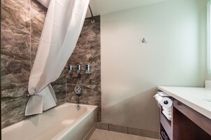 Bañera con ducha, artículos de tocador de diseñador, secador de pelo