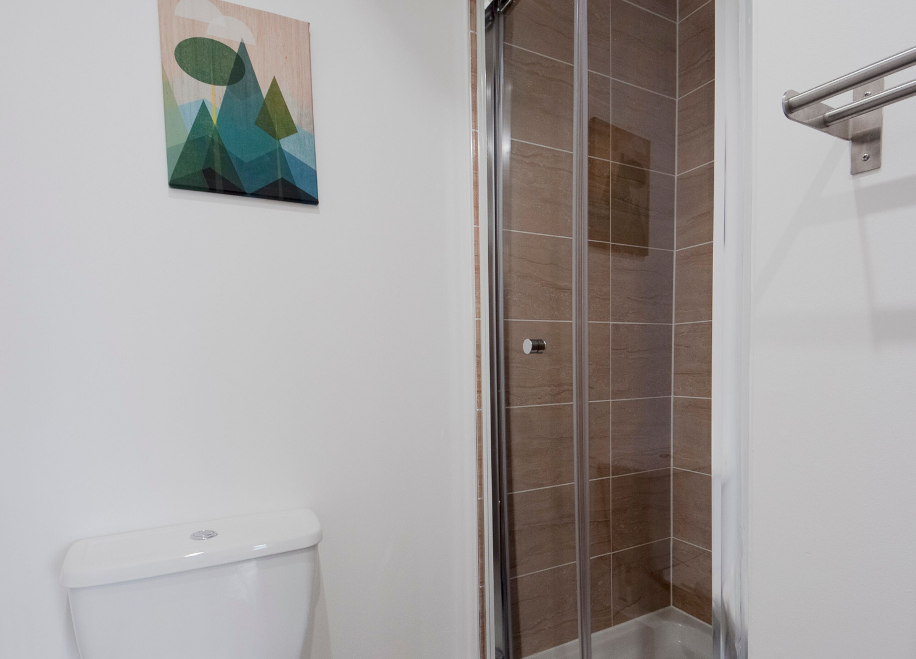 A bathroom with a toilet, a glass shower enclosure, and a wall-mounted towel rack.