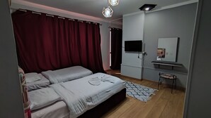 Un dormitorio moderno con dos camas, un televisor y un escritorio pequeño.