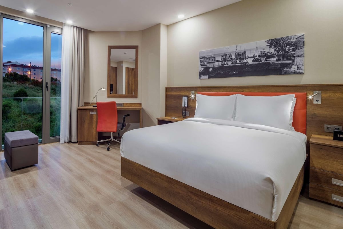 Habitación de hotel con una cama grande, un escritorio con silla, una mesita de noche y vistas al exterior con vegetación.