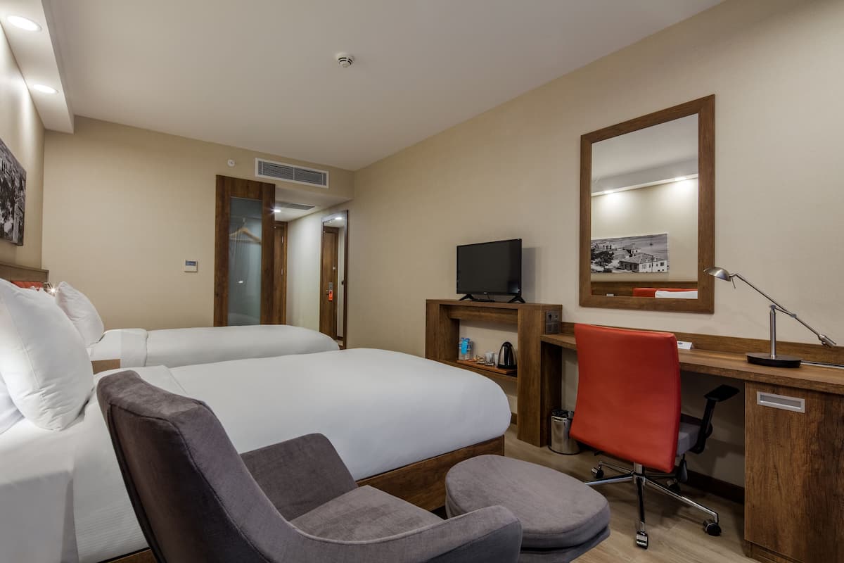 Habitación de hotel con una cama, un escritorio con ordenador, una silla y un televisor.