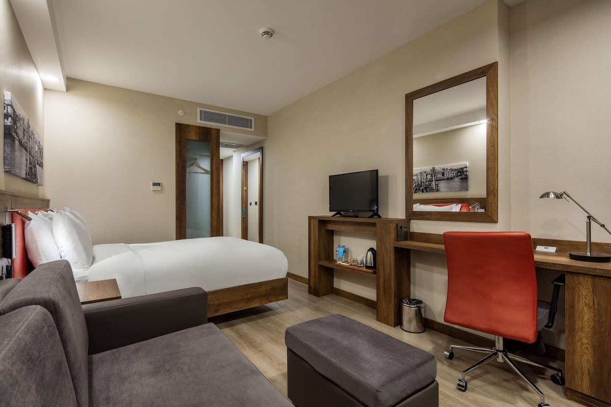 Habitación de hotel con una cama, un escritorio con computadora, una silla, un televisor y un espejo.