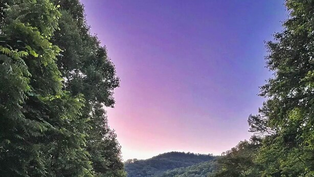 A secluded outdoor seating area with a table and chairs, surrounded by trees and a view of a forested hill. - Mountain Air Cabin near Franklin, Cashiers and Highlands, North Carolina (Franklin)