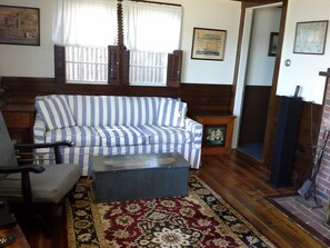 Télévision, cheminée, lecteur de DVD, livres