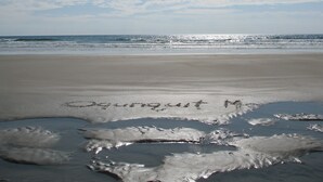 A beach with the words "Dundie Award Winner" written in the sand.