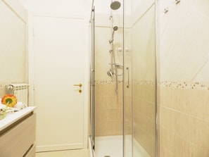 Shower, hair dryer, bidet, towels