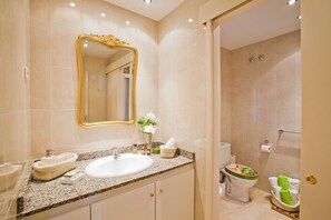 Shower, hair dryer, bidet, towels
