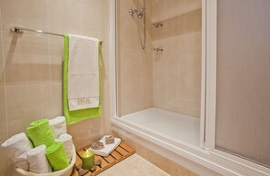Shower, hair dryer, bidet, towels