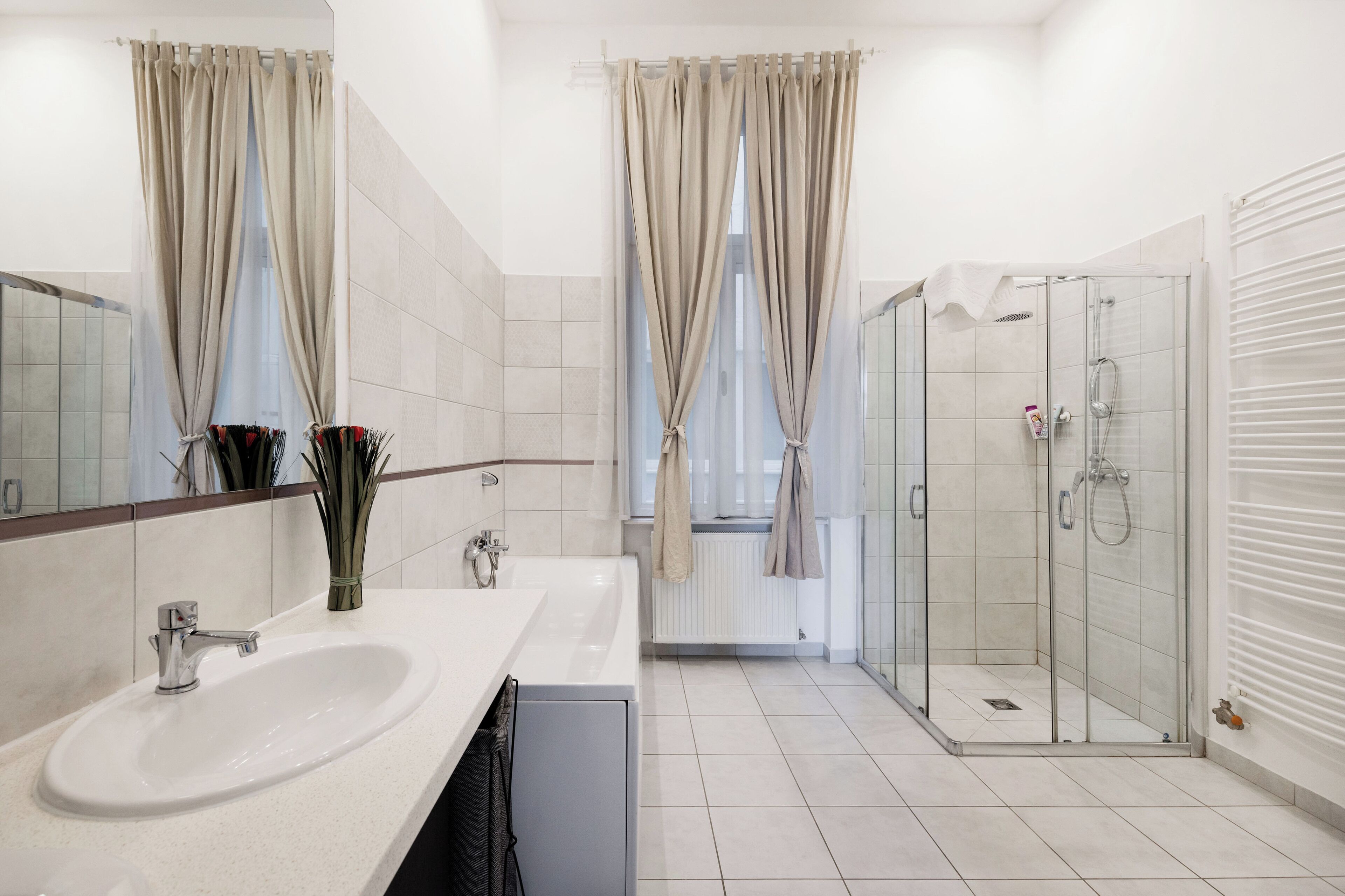 Combined shower/tub, hair dryer, towels, soap