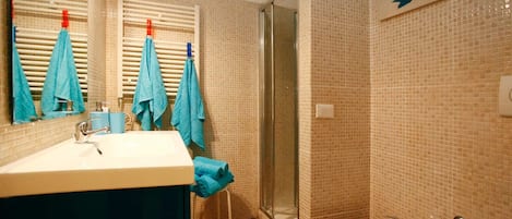 Douche, séchoir à cheveux, bidet, serviettes fournies