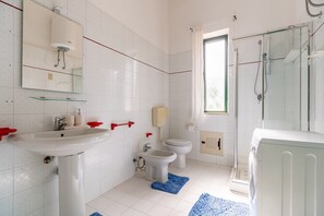 Combined shower/tub, hair dryer, bidet, towels