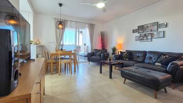 Smart TV, DVD player, books, music library