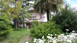 A garden path leading to a building with balconies, surrounded by lush greenery and white flowers. - APARTMENT IN VILLA WITH POOL IN THE SALT, HEATED, SPECTACULAR VIEW !!! (SANT'OMERO)