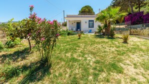 A small house with a blue door, a balcony, and a garden with pink flowers and a palm tree. - villa with views over Scopello (Scopello)