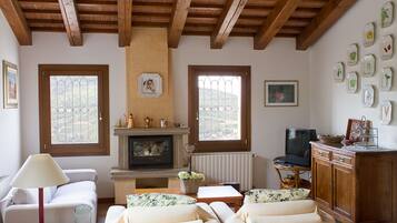 Fireplace, books, printers