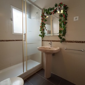 Ensemble baignoire-douche, séchoir à cheveux, serviettes fournies