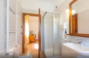 Combined shower/tub, hair dryer, bidet, towels