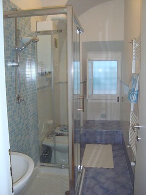 Shower, hair dryer, bidet, towels