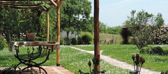 Isolated on hill, flat with terrace,garden among romanesque art,quiet,nature