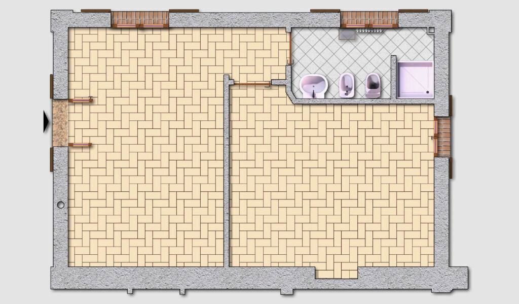 A floor plan of a hotel room with a bathroom, a small seating area, and a large open space.