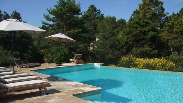 A swimming pool with lounge chairs and umbrellas, surrounded by trees and yellow flowers. - VILLA VERDI D AIR CONDITIONED APARTMENT WITH TERRACE AND PRIVATE GARDEN POOL (Montauroux)