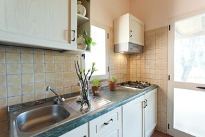 Een koelkast, een kookplaat, een koffiezetapparaat/waterkoker