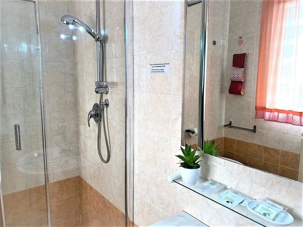 A bathroom with a glass-enclosed shower, a white sink with a plant, and a mirror. - Room for 2-3 pers. with private bathroom. (Dese)