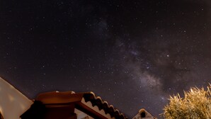 A night sky with stars and the Milky Way visible above a building with a tiled roof and a bush to the right.