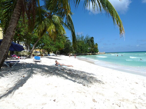 A beach with white sand, palm trees, and clear blue water.