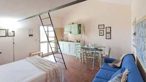 A compact living space with a loft bed, a dining area, and a kitchenette.