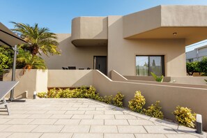 A modern building with a flat roof, a solar panel, and a palm tree.