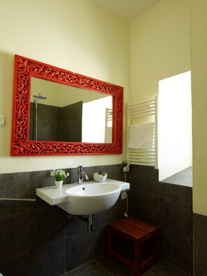 Combined shower/bathtub, hair dryer