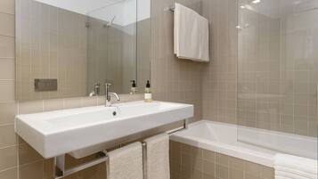Combined shower/tub, hair dryer, bidet, towels