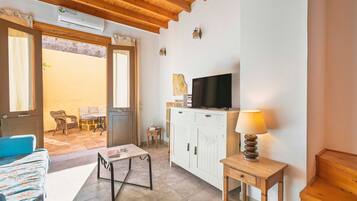 Televisor, llar de foc, llibres i oficines