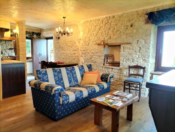 Un salon chaleureux avec un mur en pierre, un canapé bleu à motifs, une table basse en bois et un lustre.