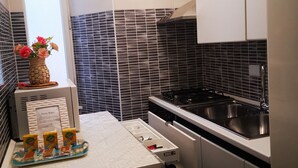 Une cuisine compacte avec des meubles blancs, un crédence en carreaux noirs, un réfrigérateur Bosch et un évier.